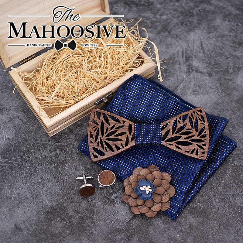 Wooden Bow Tie Handerchief Set Wood bowtie cufflinks floral ties Lapel flower brooch corbata Gravata tie for men noeud papillon