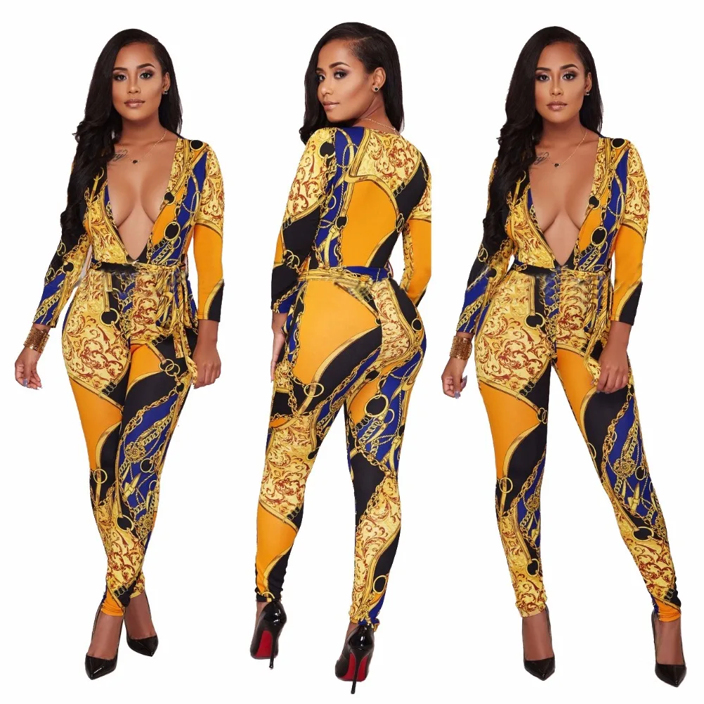 Fashion Women Print Skinny Jumpsuit Sexy Deep V-neck Plus size Clothes