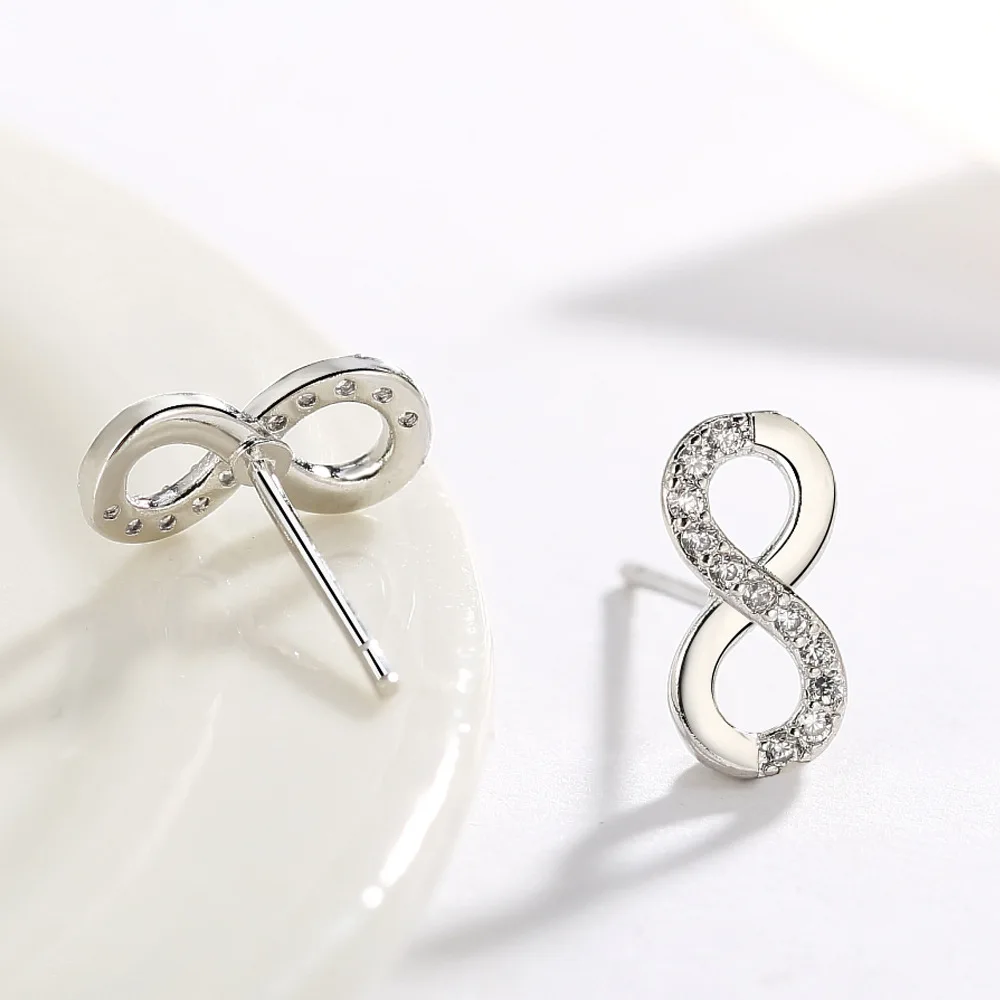 Hot Sale 925 Silver Needle Infinity Love Endless Symbol Stud Earrings For Women Clear CZ Knot Fashion Earrings Jewelry