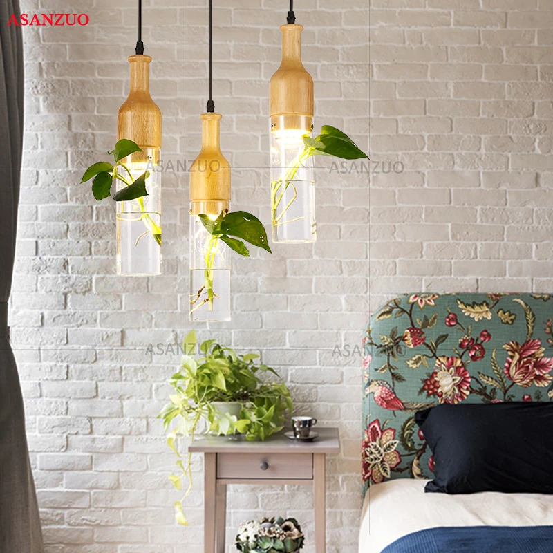 Modern plant pendant lights wood glass bottle lustres luminaire industrial decor hanging lamp E27 led lampara lighting