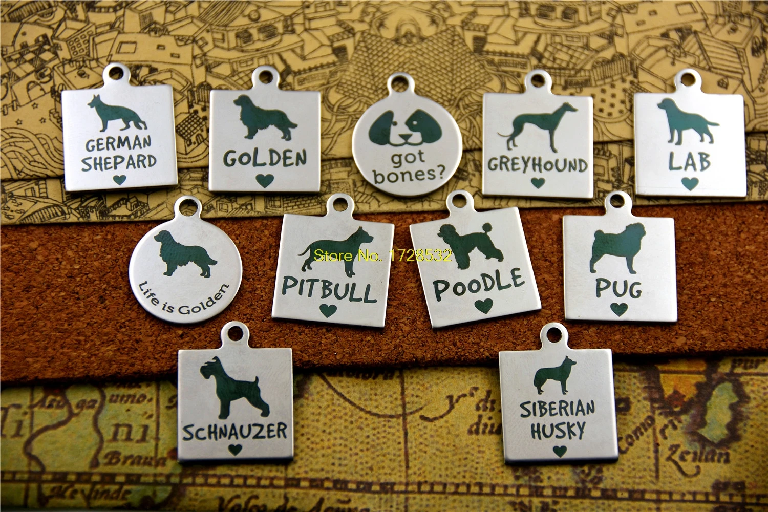 10 stücke -- edelstahl charms "deutsch shepard/goldene/bekam knochen/greyhound/LABOR/goldene /pitbull/pudel/mops/schnauzer/siberian husky"