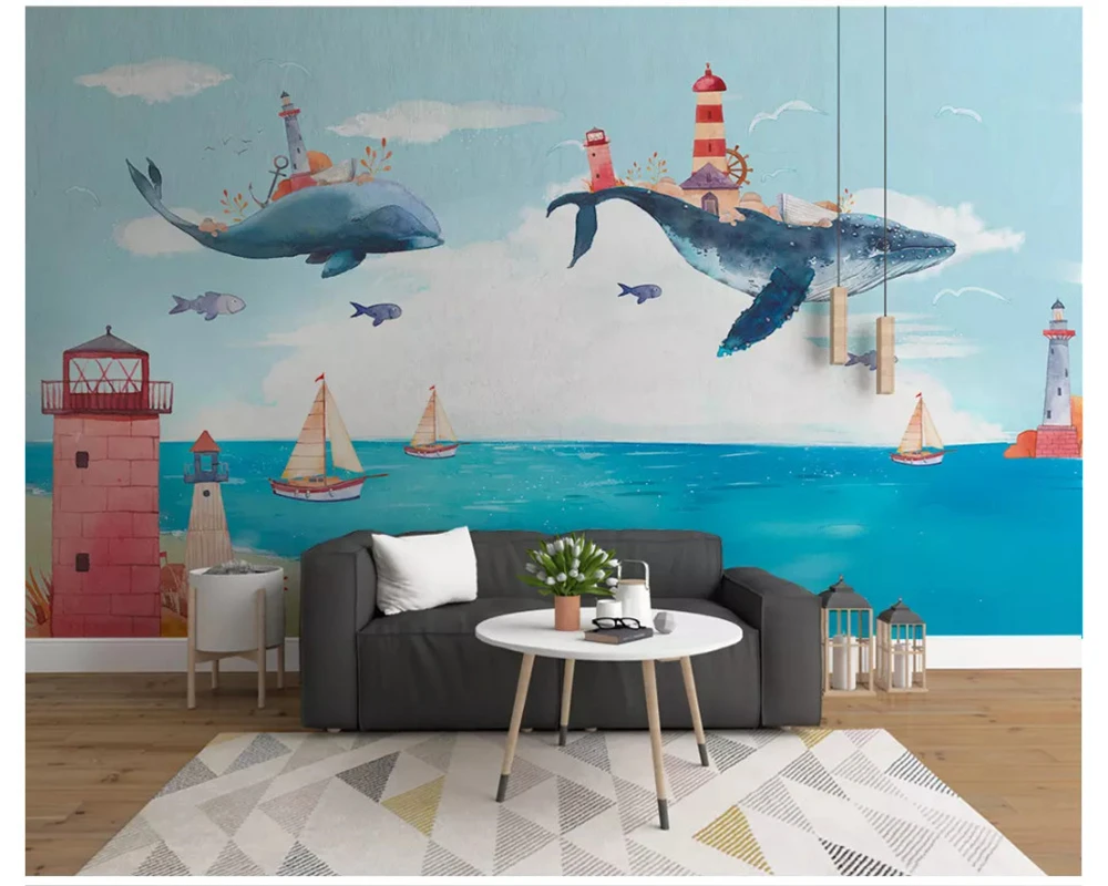 

beibehang Fashion papel de parede 3d wallpaper Nordic creative watercolor Mediterranean ocean whale children room background