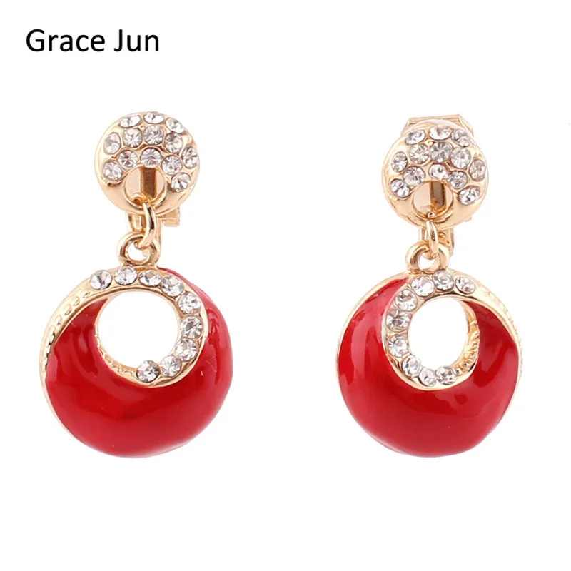 Grace Jun 4 Colors Choose Rhinestone Enamel Clip on Earrings Non Piercing for Women Fashion Cute Jewelry No Ear Hole Earrings