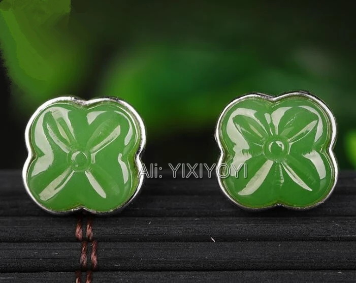 

Beautiful 925 Silver Green HeTian Jade Beads Inlay Square Flower Stud Earrings Woman's Lucky Earring Ear Jewelry Certificate