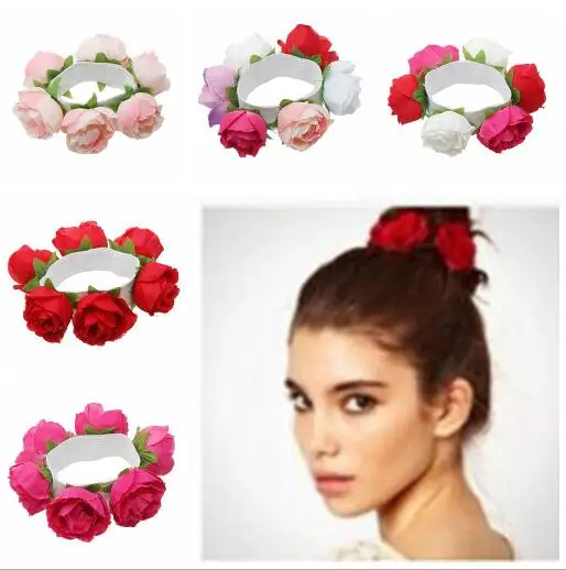 10pcs Fashion Bohemian Women Rose Flower Hair Scrunchies Hair Bands Ties Ponytail Holder Hair Accessories Girl Floral Head Bands