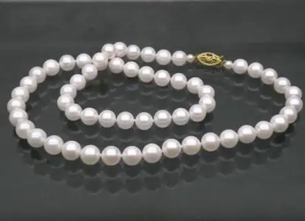 

free shipping noble jewelry GORGEOUS 7-7.5mm AAA+ round white akoya pearl necklace 14K yellow gold 18"