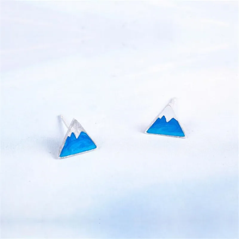 Creative New Fashion 925 Sterling Silver Jewelry Blue Triangle Geometry Snow Mountain Fresh Cute Female Stud Earrings