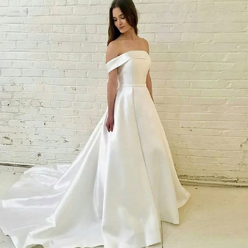 Elegant White Ivory Wedding Dresses Off Shoulder A Line Chapel Train Wedding Gowns Custom Made Vestido De Noiva Custom Made