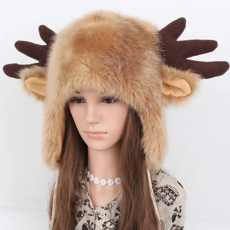 

Free Shipping Autumn and winter thermal cartoon hat antlers fur hat lei feng plus velvet general deer hat