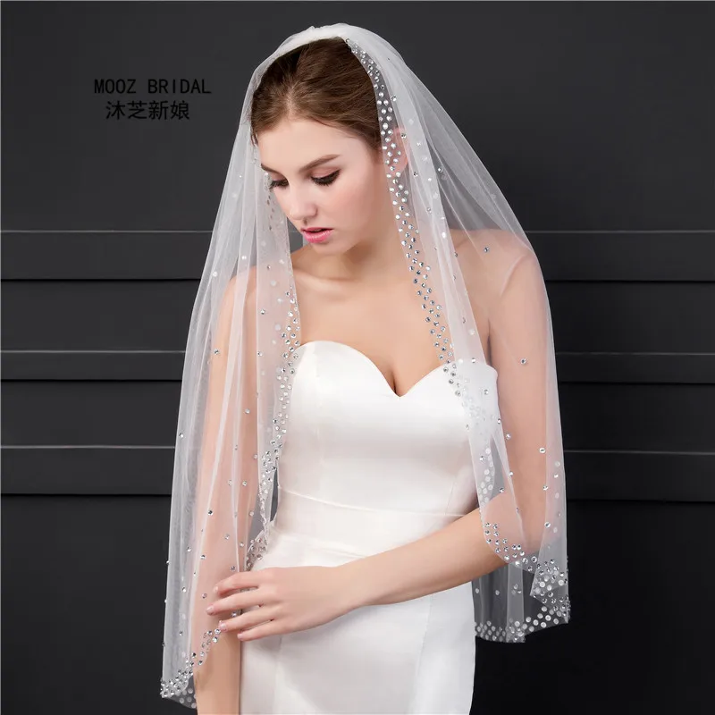 Luxury Soft Tulle Wedding Veils With Crystals Beaded Ivory/White  Wedding Accessories Real Pictures Short Bridal Veil 2018