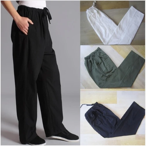 100% Cotton Chinese Traditional Men\'s Kung Fu Pants Wu Shu Tai Chi Elastic Waist Loose Long Trousers S M L XL XXL XXXL