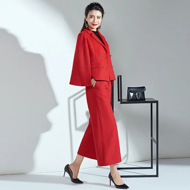 Winter Red Cape Wool Suit Women New Ladys Autumn Nine Wide Leg Pants Red Fashion Temperament Two-piece Set