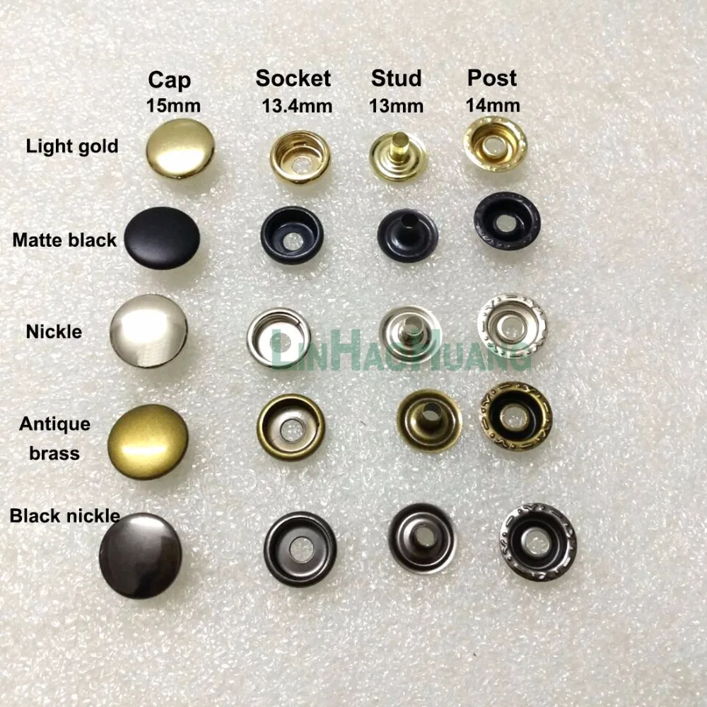 100sets/lot 15mm four part brass metal button ring snap press button snap fasteners silver, bronze, black ,ligth gold+tools