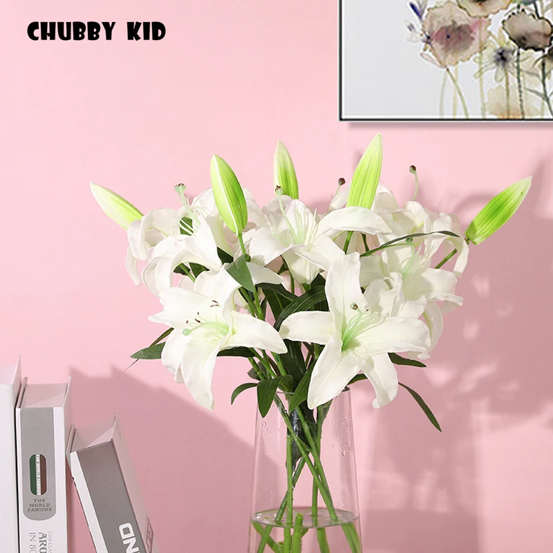 6pcs /lot ! Wholesale High simulation PU Lily flower 60cm real touch 3 heads small fake Lilies wedding decorative flowers