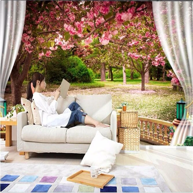 beibehang custom mural balcony forest blossom falls painting photo mural wallpaper for walls 3 d papel de parede para sala estar