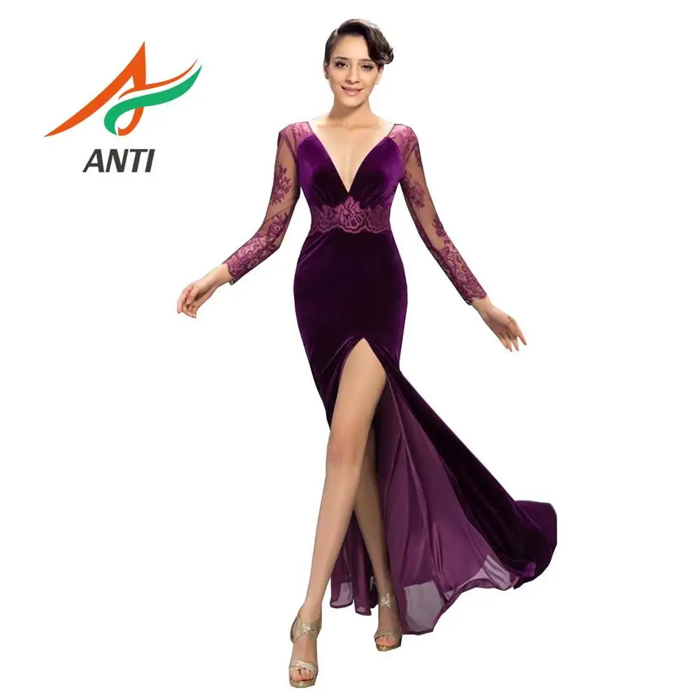 ANTI Sexy V neck Purple Long Evening Dress 2019 Lace Velour illussion Robe De Soire Long Sleeve  A-Line Formal Party Gowns Abide