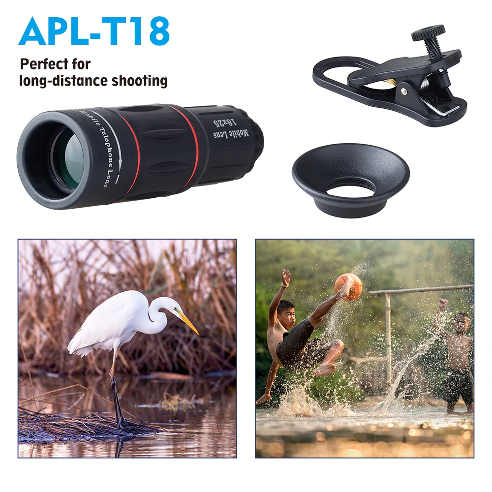 Apexel-lente monocular universal, zoom de 18x25, lente hd óptica para telefone celular, observação da pesquisa, 18x, com tripé para smartphone