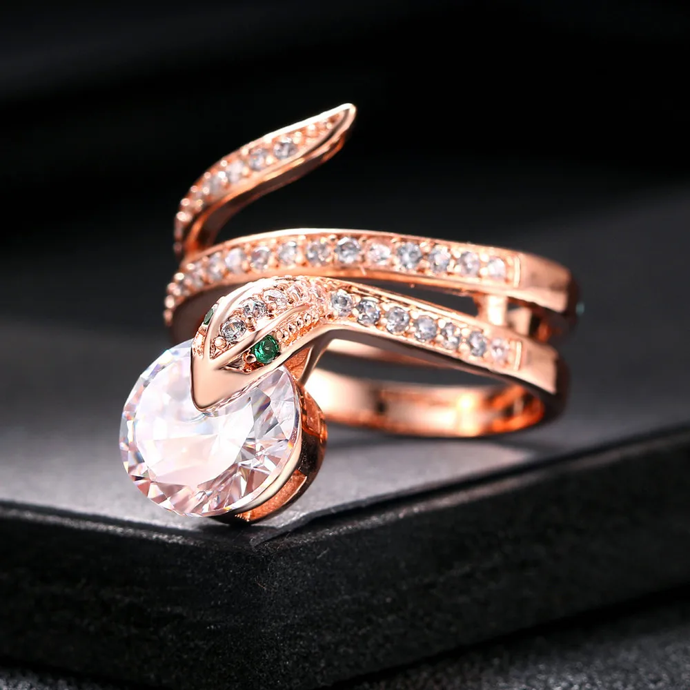 Double Fair Snake Shape Clear Green Cubic Zirconia Finger Rings Rose Gold Color Fashion Punk Style Jewelry For Women DFR271