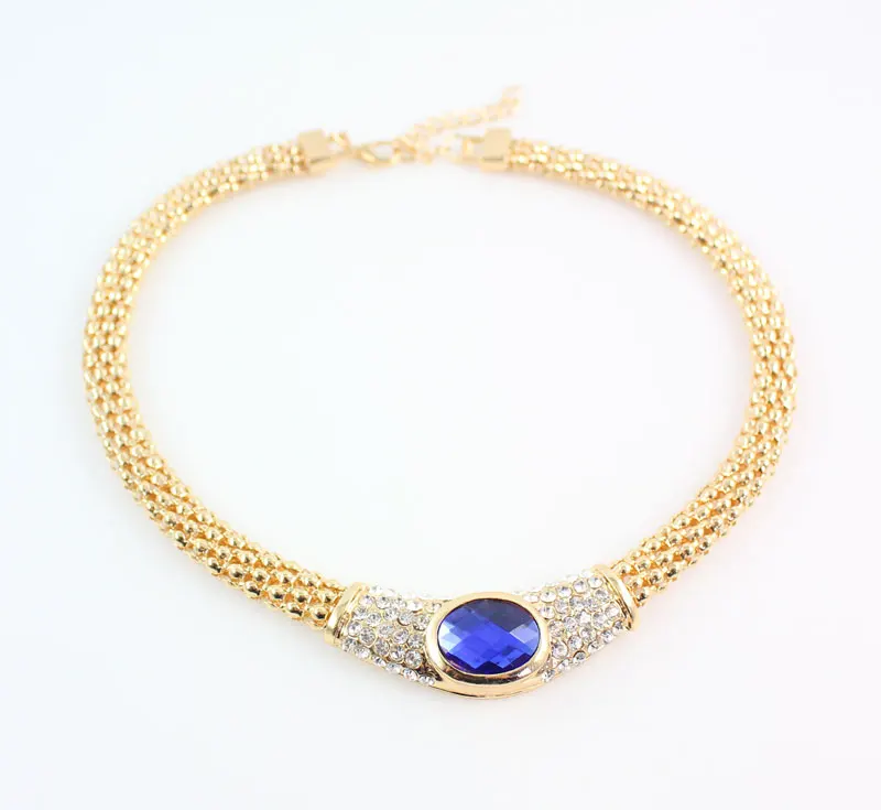 Wedding African Beads Jewelry Set Crystal Costume Gold color Rhinestone Statement Chunky Necklace Earring Ring Jewelry Set