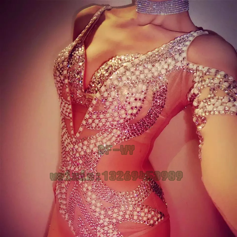 Gorgeous diamond bar and nightclub singer DJ dancer sexy perspective hollow out stage performance clothing