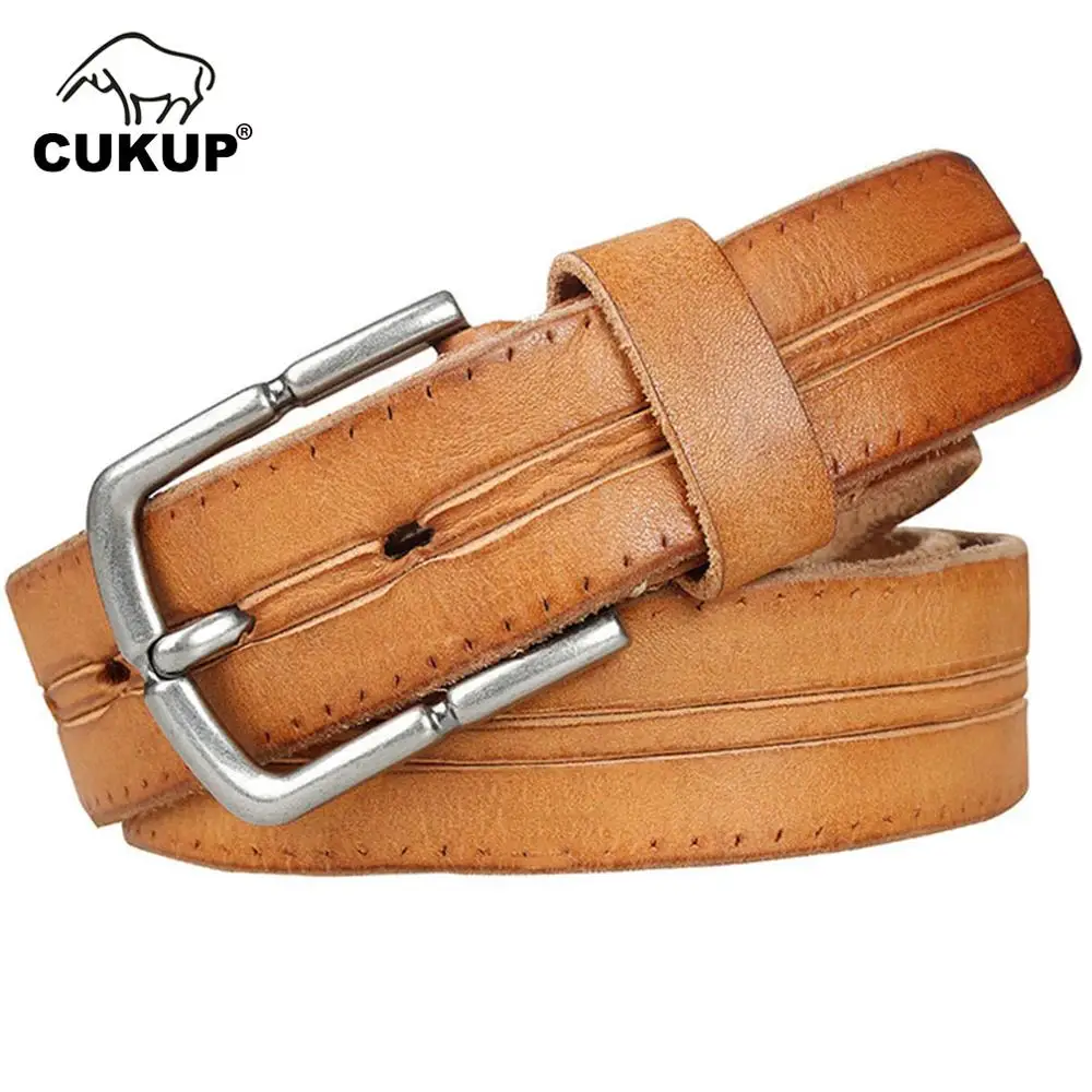 

CUKUP Unique Design Striped Men Belt Genuine Leather Belts Retro Pin Buckle Styles Jeans 3.8cm Width Accessories 2022 NCK312