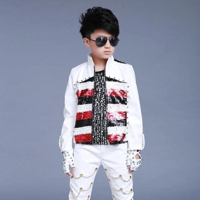 New children's sequins long-sleeved stage costumes drums red and white stitching costumes