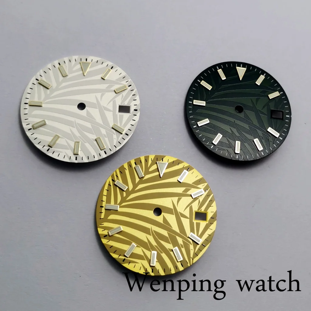 New 29mm No Logo Sterile Watch Green Luminous Yellow/Dark Green/White Leaf Dial Face Fit NH35 NH36 Movement