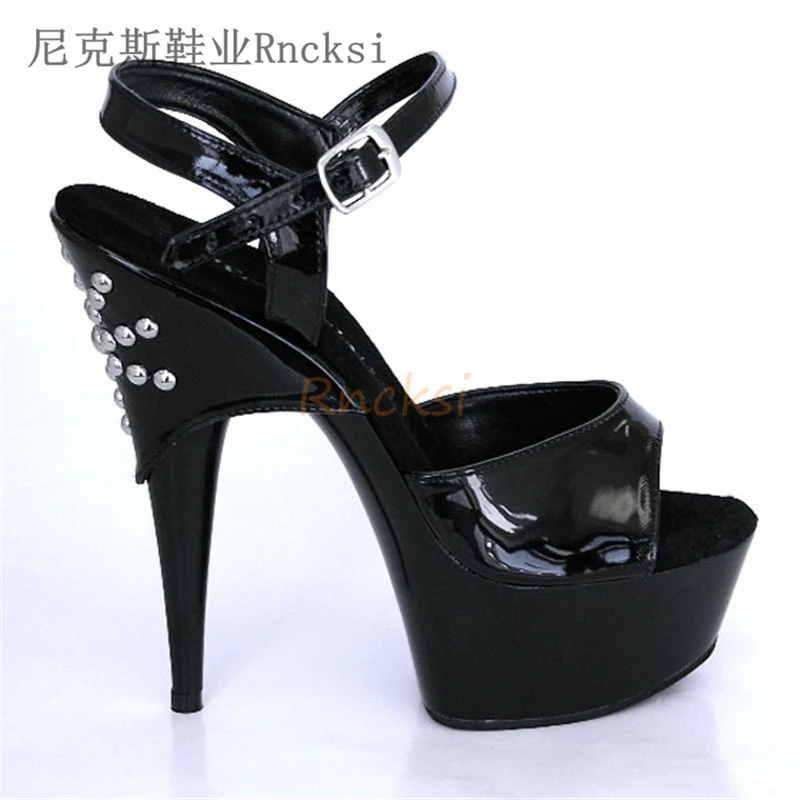 Rncksi 15cm Women's sandals, workplace women's shoes, spring 2020 new patent leather stiletto heels with French Rivet