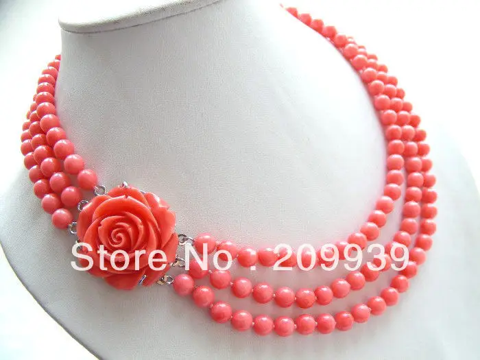 

AMAZING 3row 18" 7mm round pink coral necklace