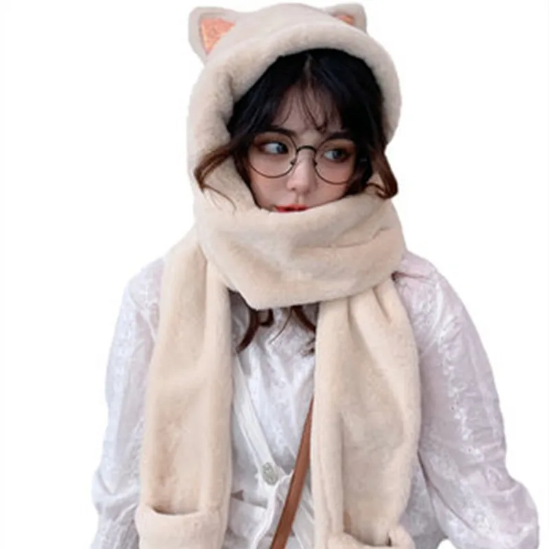 New Autumn/Winter 2023 Girls Hot Hat With Double Scarf and Gloves White Pink Skin Tone Grey Leisure Taking Pictures On a Date