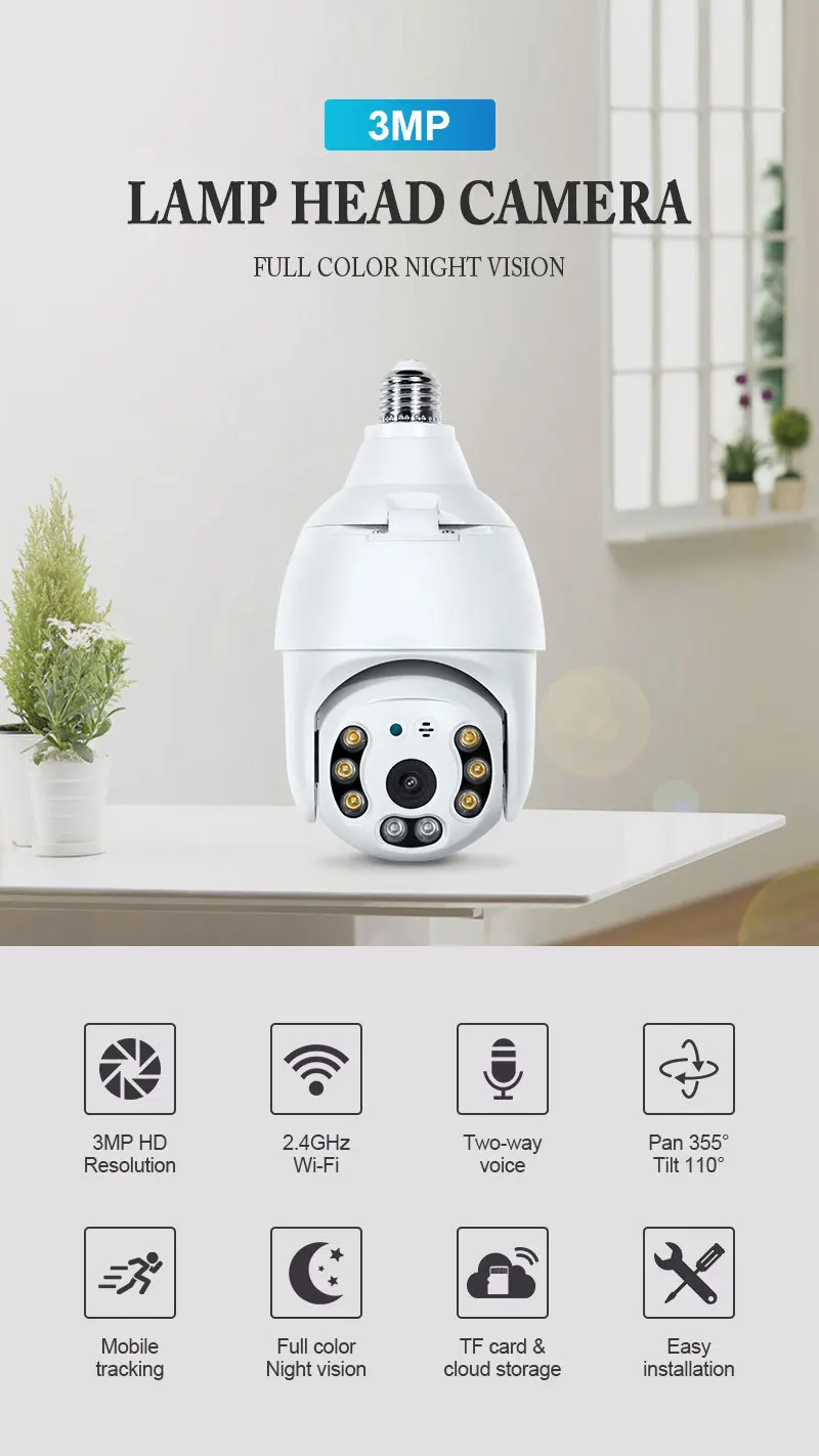 HD 1080P E27 Bulb Wifi IP Camera PTZ Wireless Auto Tracking Baby Monitor Night Vision Speed Dome Video Surveillance