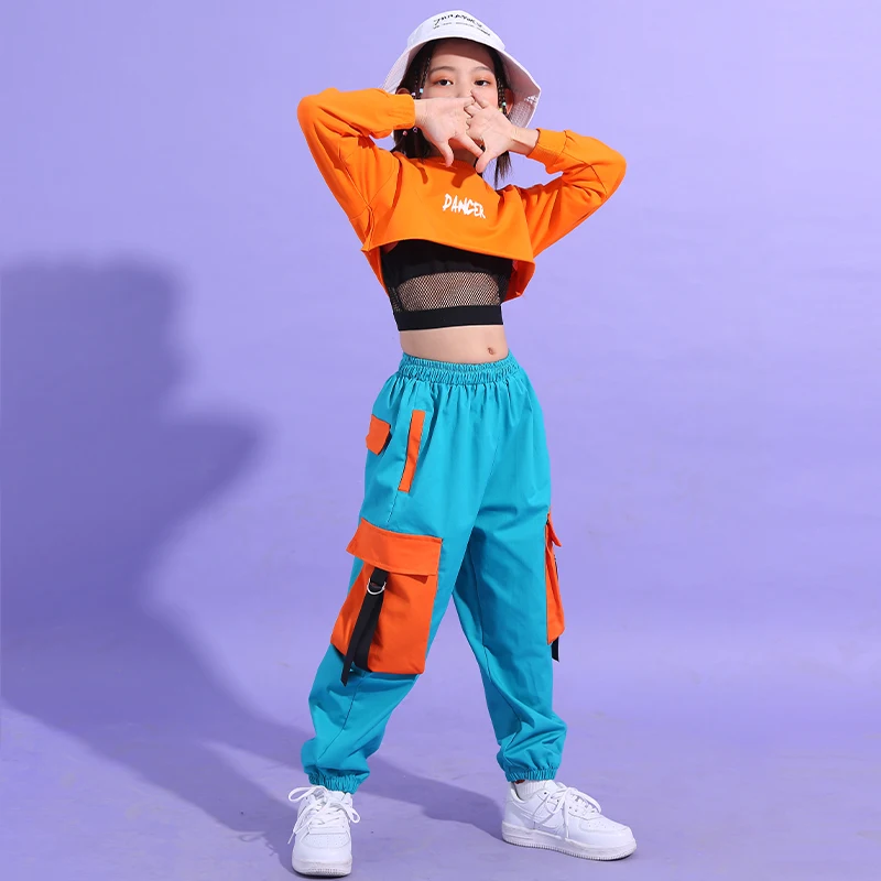 Girls Hip Hop Dance Clothing Orange Crop Tops Cargo Pants Suit Street Dance Outfits Jazz Performance Costumes Stage Wear DQS8535