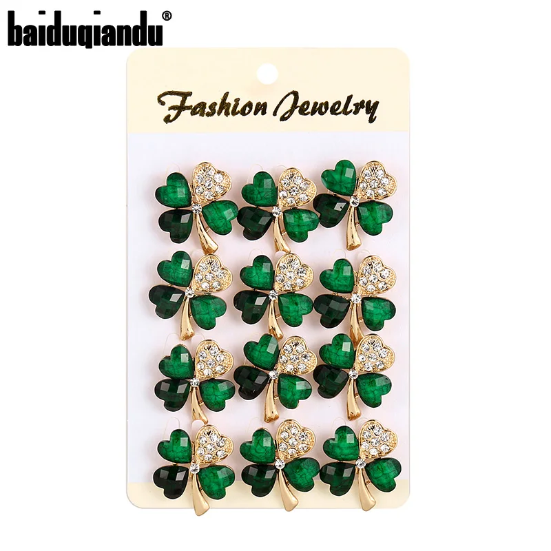 Baiduqiandu Set of 12 Crystal Green Leaf Brooch Lapel Pins Clothing Hijab Jewelry Accessories