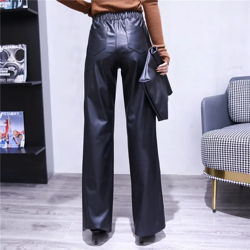 Office Ladies Lengthen Cowhide Genuine Leather Pants Women Elastic Waist Slim Fit Straight Trousers Casual Streetwear Pants 5XL