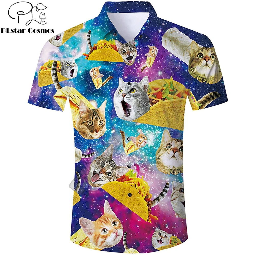 Summer Harajuku Short sleeve Shirts Funny Galaxy Taco Pizza Cat 3D Printed Hawaiian Shirt Mens Harajuku Casual Shirt Drop Ship