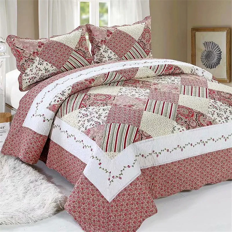 

Cotton Quilted Bedspread Set 3Pieces Floral Printed King Patchwork Coverlet Summer Duver Quilt Blanket Cubrecam Bed Cover Colcha