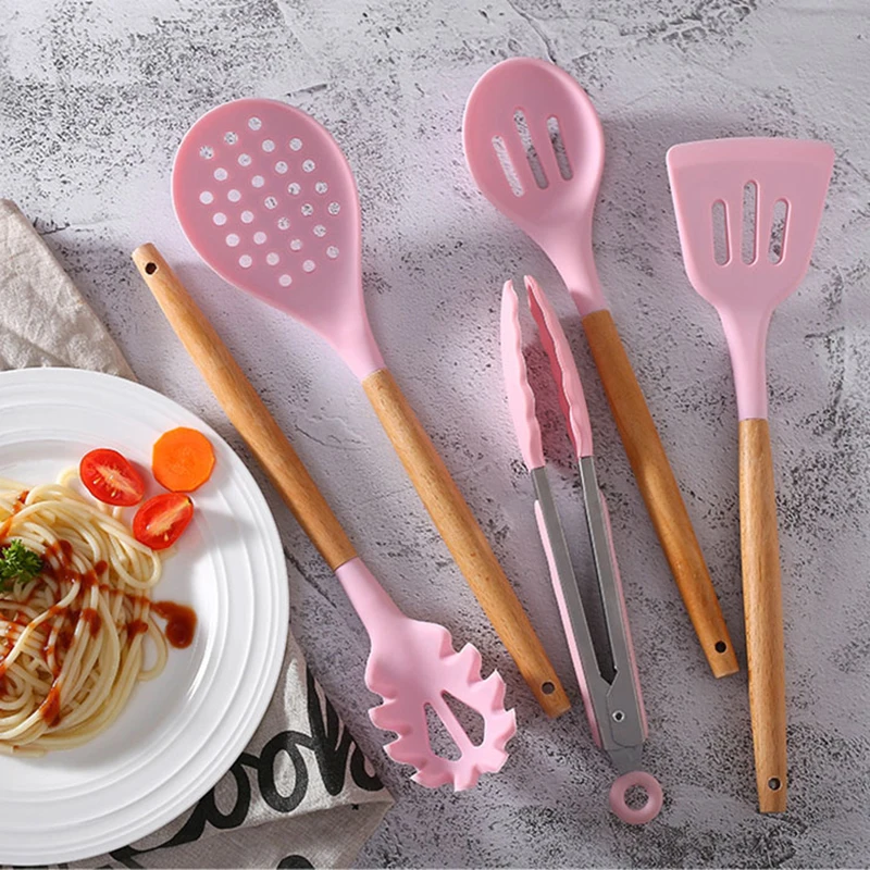 YOMDID Food Grade Silicone Kitchen Cooking Utensils Practical Cooking Tools Turner Spatula Spoon With Wooden Handle Kitchenware