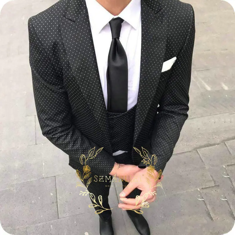 

SZMANLIZI MALE COSTUMES New Arrival Black Polka Dots Business Suits Slim Fit Groom Tuxedos Groomsmen Men's Wedding Prom Suits