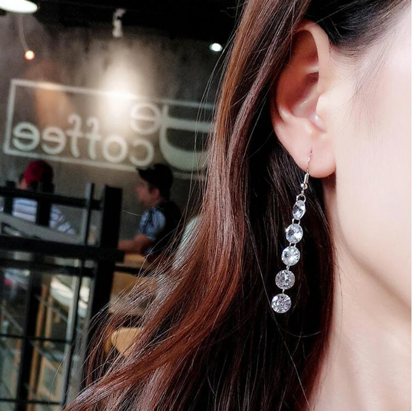 Trendy Shiny Long Drop Earrings Shiny Crystal CZ Stone Connected Charming Dangle Earrings Jewelry For Women