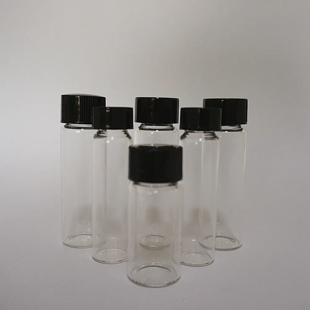 Free shipping 3ml to 50ml Clear Glass sample bottles with black plastic screw cap, essential oil bottle for lab use