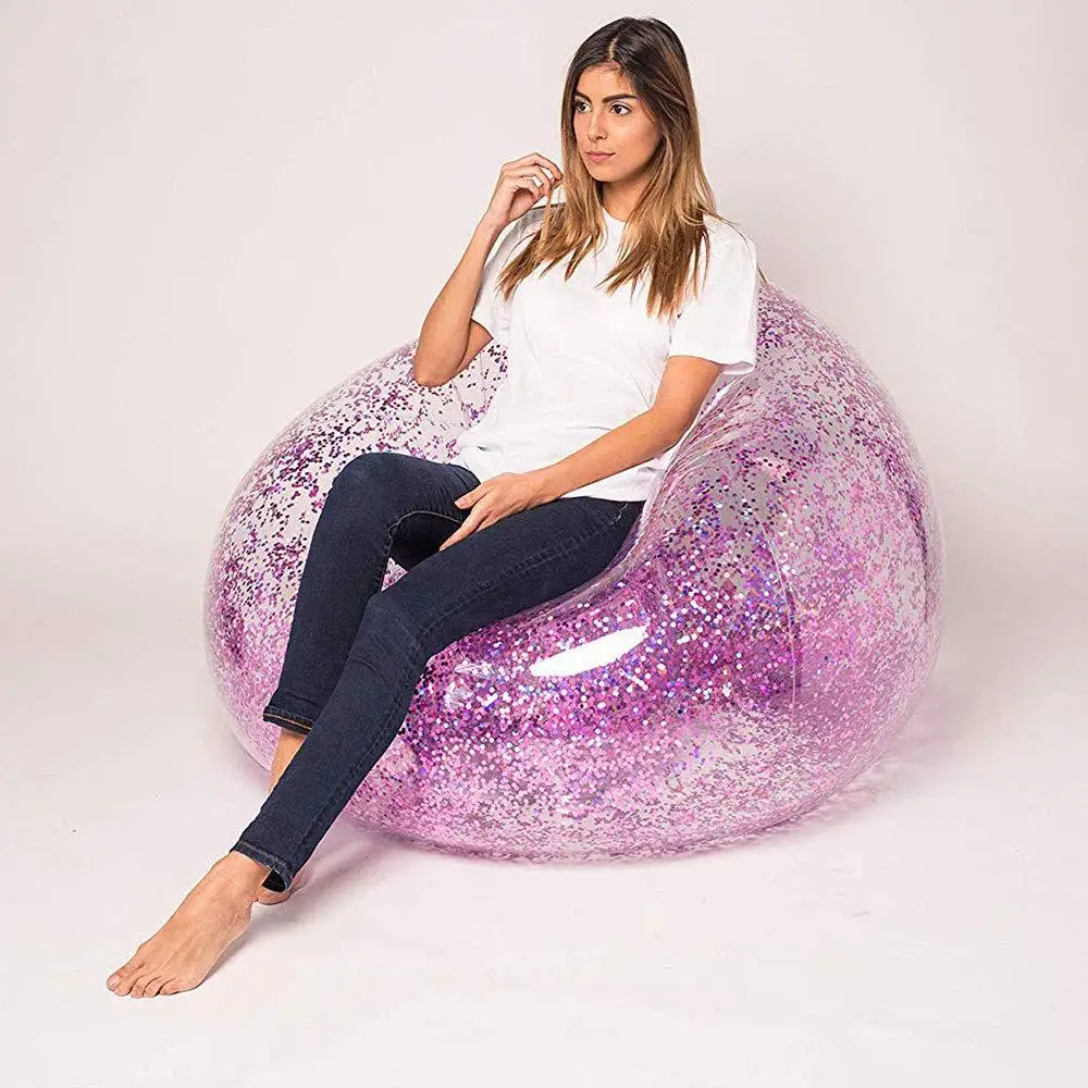 

Indoor Fabulous Inflatable Concise Bedroom Single Sofa Transparent Shining Sequin Decoration Purple Gold Football Seat Kids Gift