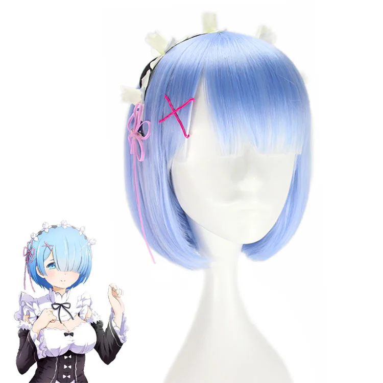 Anime Re:Life In A Different World Cosplay de Zero Ram Rem peluca corta azul Rosa accesorio de disfraz