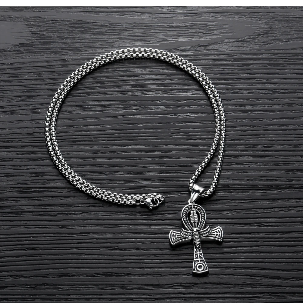 Titanium Steel Punk Cross Pendant Necklace Men's Egyptian Life Cast Immortality Pendant Necklace