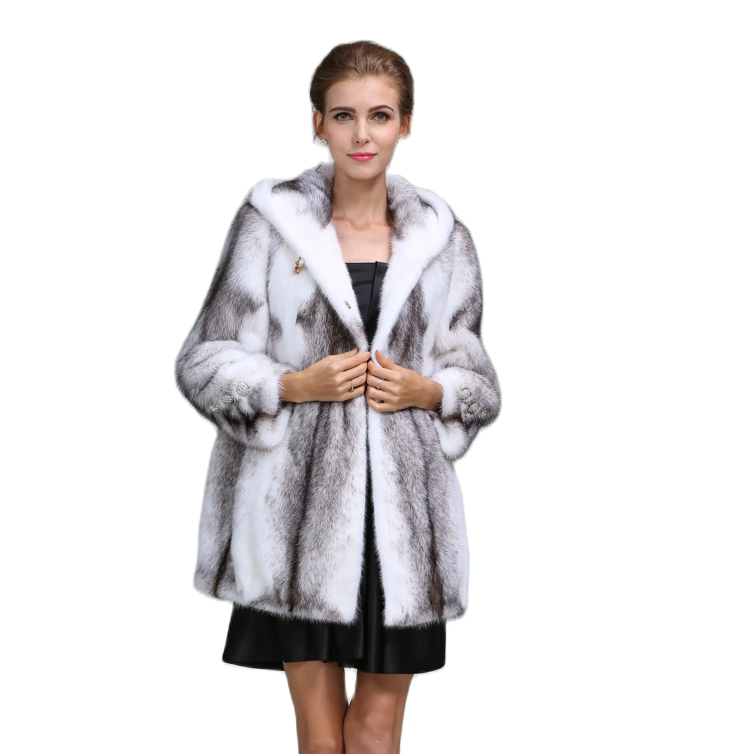 

Nobler Black And White Coat Real Mink Fur Long Clothing Hooded Women Fashion Three Quarter Sleeve Coat