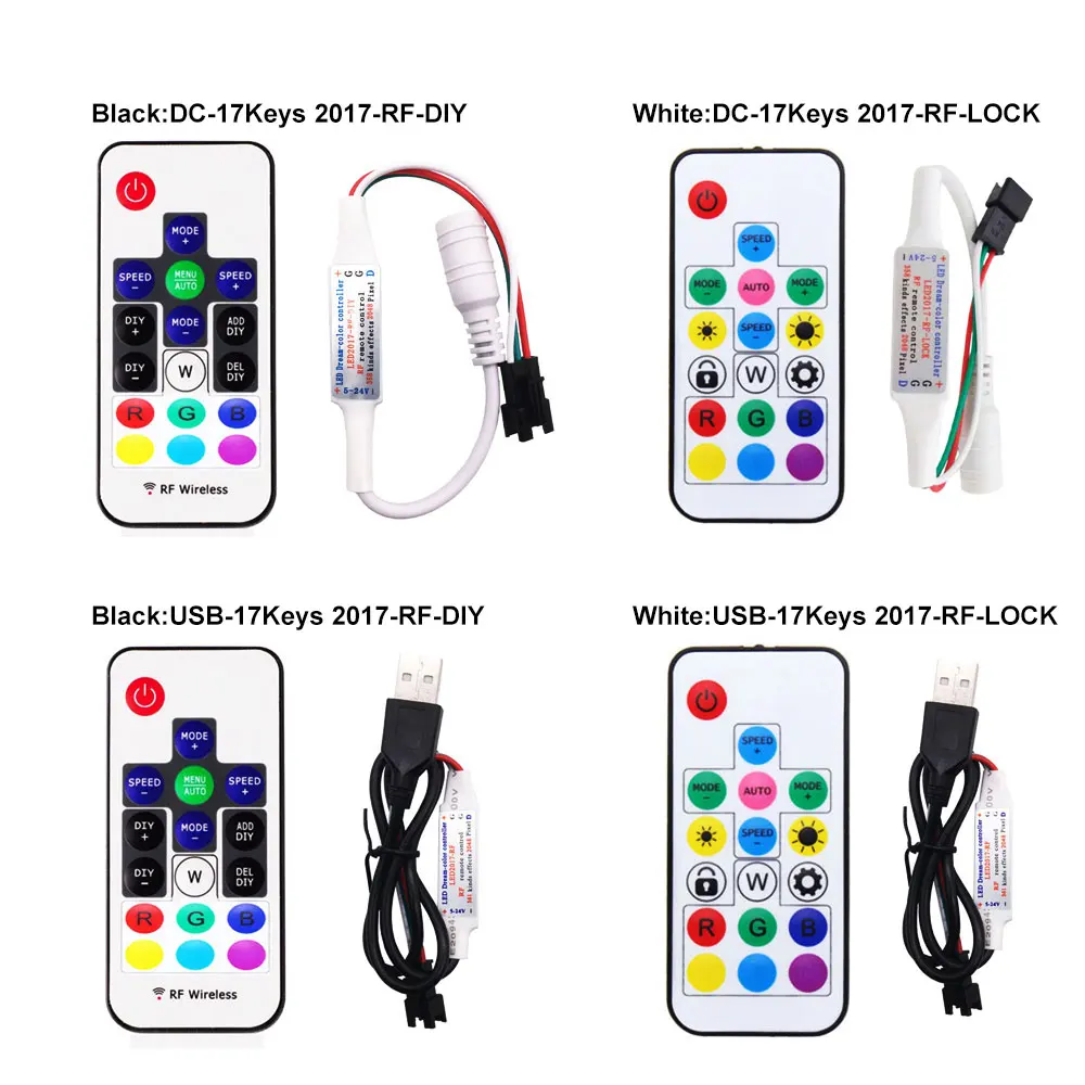 RF 14/17/21 Keys USB/DC MINI 3 Keys  LED Pixel Strip Light Controller for WS2811 WS2812B  1903 with Remote Control DC5-24V