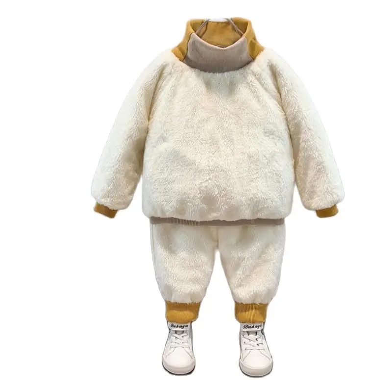 Boys Girls Set Winter Plush Thickened Cotton Clothes 2024 New Splicing High Collar Pullover+Pant Kids Suits Children Clothing