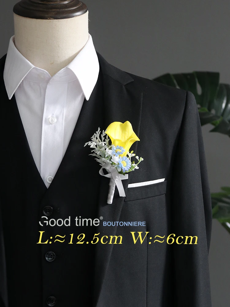 Bracelet de demoiselle d'honneur jaune Calla Wrist Corsage, Rose thé, InjFlower, Bracelets de mariage, Fleurs à la main, Boutonnière pour hommes