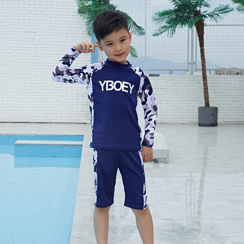 Boys Swimsuits Sunblock 2 Pieces Swim Suit Camouflage Children Swimwear Long Sleeve Boy Split Swimsuit Kids Bodysuit Beach Wear