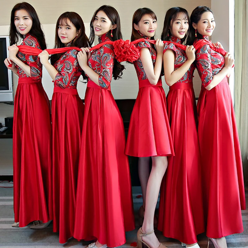 

Red Chinese Style Bridesmaid Wedding Qipao Dress Vestidos Mandarin Collar Elegant Qipao New Style Plus Size XXXL Sexy Cheongsam