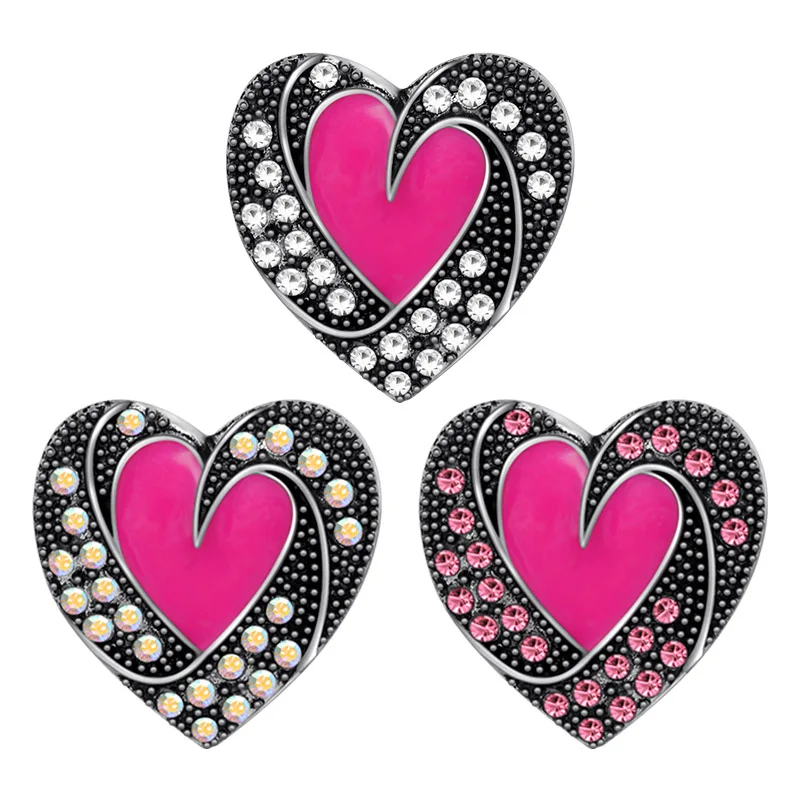 Beauty Heart shape rhinestone Pink Love style metal 18MM snap buttons fit 18mm snap bracelet snap jewelry wholesale